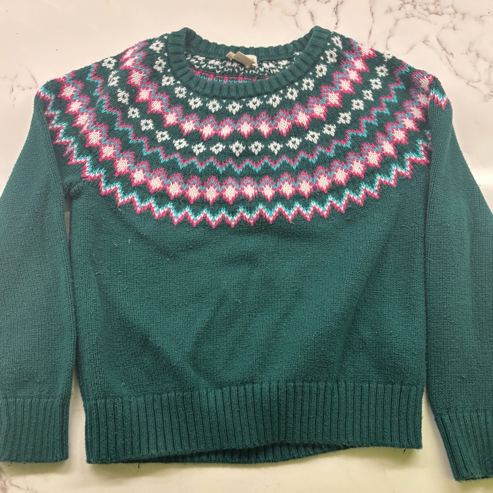 Crewcuts Green and Pink Fairisle Sweater